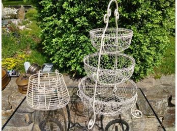 Three Tiered Metal Basket And Small Round Metal Basket With Handles