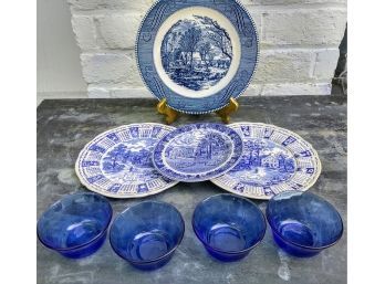 2 Alfred Meaning 1 Currier And Ives Plates Plus 4 MCM Pyrex Bowls