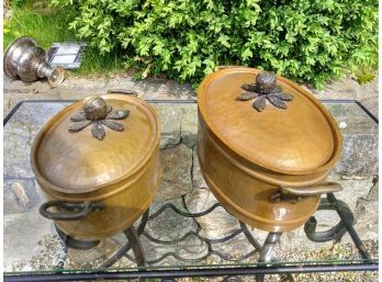 Two Copper And Silver Pots With Decorative Lids