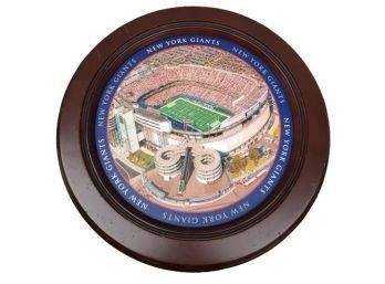 Round NY Giants Football Table With Glass Covered Picture Of Stadium And Wood Top Cover