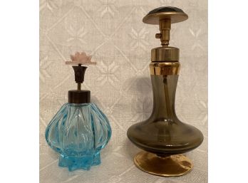 Two Vintage Glass Perfume Spray Bottles Irice Import Irving W Rice NY West Germany Blue Brown Tone
