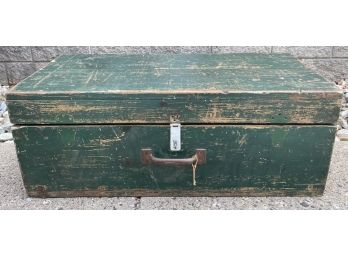Old Antique Primitive Vintage Handmade Wood Tool Chest Storage Trunk Old Green Paint Slanted Top Iron Hardware