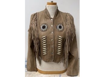 Vintage Womans Taupe Brown Fringe Beaded Western Leather Jacket Short Fitted Hot Leathers XL