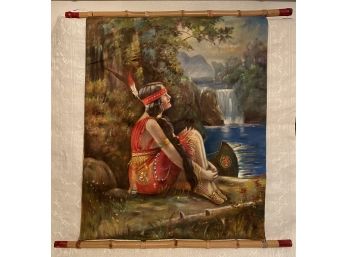 Vintage Antique Wall Hanging Hand Painted Native American Indian Maiden On Cloth Waterfall Canoe Trees Bamboo