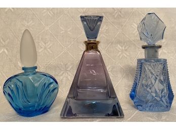 Vintage Lot Of 3 Assorted Blue Glass Perfume Bottles Avon Quality Cut Czechoslovakia Cristallierie Italy