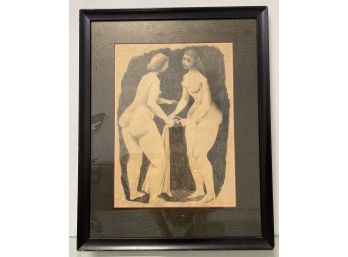 Vintage Framed Matted Print Of Pencil Sketch The Conversation Lillian Friedyood Female Nudes Towel Comb