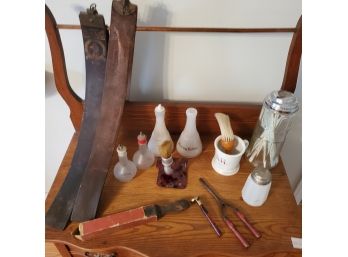Antique Shaving / Barbershop Accessories Milk Glass Bottles Strops, Razor, Brush & Mug