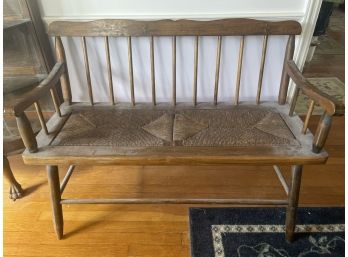Wondeful Antique Wood Two Seater Bench With Rush Insets