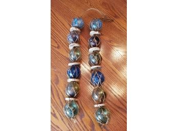 Two Strands Of Six Colored Hand Blown Fishing Float Glass Balls In Netting & Corks
