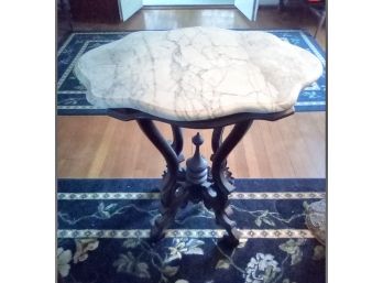 Handsome Victorian Spindled Wood With Carved Legs And Curved Oblong Marble Top Side Table