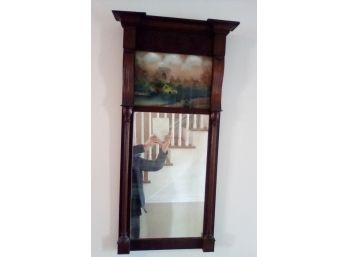 Stunning Antique Federal Wall Mirror With Reverse Painting On Glass In Gorgeous Wood Frame