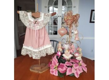 Old Meets New In This Pretty In Pink Holiday Ornament Tree & Victorian Lace Trimmed Dress
