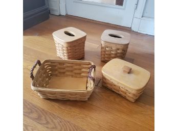 Beautiful Longaberger Handmade Basket Lot: Box With Lid, Leather Handled Tray, & 2 Tissue Box Holders