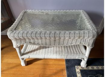 Lovely White Wicker Coffee Table - Glass Top & Large Lower Shelf For Storage