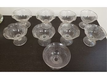Set Of 9 Crackle Glass Footed Dessert Bowls (one Slightly Different Than The Others)