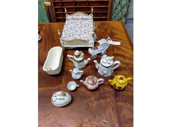 Miniature Carriage, Mini Bed, Mini Bath And Of Course Tea Pot And Cups/Saucers And Trinket Holder In Ceramic