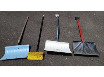 Group Of Three Snow Shovels And A Deck Scrubber With Handle
