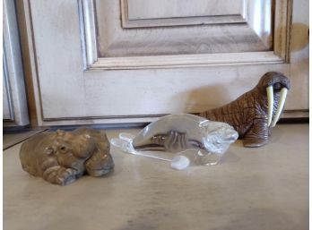 Trio Of Animal Figurines, A Walrus, A Crystal Seal Signed  And Two Hippos