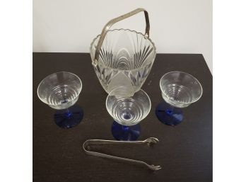 Glass Ice Bucket With Prongs And 3 Cobalt Blue Stemmed Wine Glasses