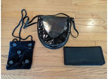 Two Black Handbags, 1 Velvet With Beading, 1 Patent Leather & Black Wallet From Spain