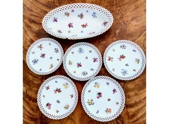5 Vintage Fine Porcelain Round Dessert Plates With Delicate Lace Trim Crowned Bavaria Schumann Germany