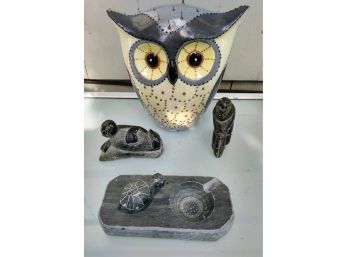 Signed Stone Innuit Ashtray With Turtle Plus Two Figurines And Ceramic Owl.