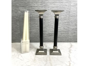 Pair Of Handsome Black Candlesticks And Candles