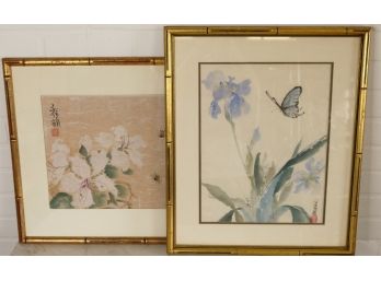 Two Gold Bamboo Frames Floral Prints