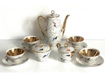 Very Special Mid Century Porcelain Demitasse For Four Gold Gilt Detailing  (LOC:FFD 1)