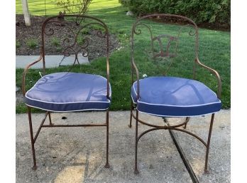 Pair Wrought Iron Garden Chairs With Blue Cushions  (LOC: FFD 1)