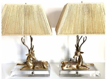 Pair Fabulous Vintage Lucite Deer Lamps With Original Velvet Shades   (LOC: FFD 1)