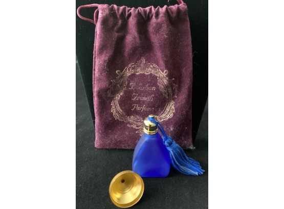 Blue Glass Perfume Bottle, Funnel, And French Perfume Pouch