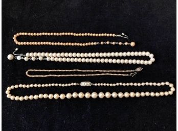 Lot Of 4 Vintage Faux Pearl Necklaces: 2 Marked Marvella, One With Sterling Clasp