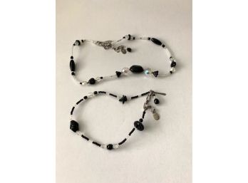 Two Black And White Glass Bead Ankle Bracelets
