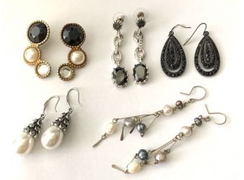 Lot Of 5 Pairs Of Earrings For Pierced Ears, Mostly Black And White