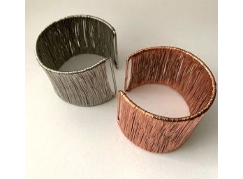 Two Wire-wrapped Cuff Bracelets: Silver And Copper Colored