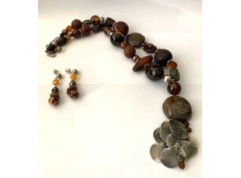Cynthia Jean Necklace And Pierced Earrings Set (CJ09) - Tiger Eye, Metal, Seed Pods, Wood