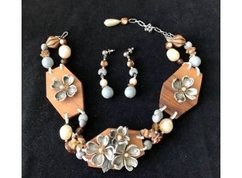 Cynthia Jean Wood And Floral Necklace And Pierced Earrings Set (CJ07) - For Small Neck