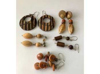 Lot Of 5 Wood / Wood-Look Earrings For Pierced Ears