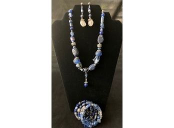 Cynthia Jean Blue Necklace, Spiral Bracelet, And Pierced Earrings Set (CJ04)