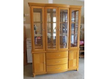 Oak Finish Bow Front 2 Part China Closet W/glass Shelves, Inner Lighting - Matches Dining Room Table