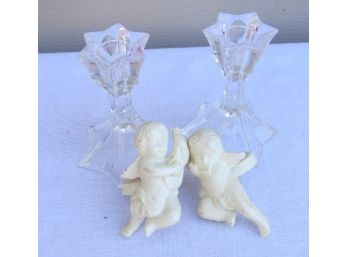 Pair Of Party Lite Cherub Taper Candle Accents  & A Pair Of Clear Glass Candle Stick Holders
