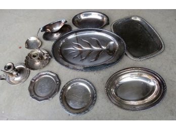 Misc. Silverplate Serving Dishes & Entertainment Lot - Turkey Platter, Covered Dish, Candle Chambersticks,etc.