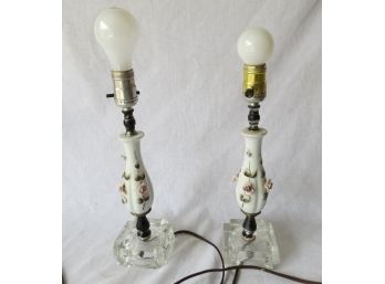 Pair Of Mid-century Petite Floral Vanity Style Lamps.
