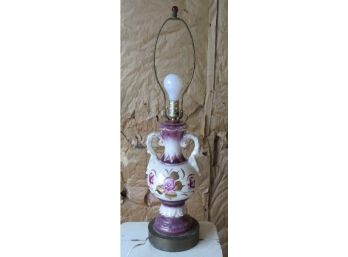 Mid Century Purple & White Rose Floral Decorated Table Lamp On Brass Base, Original Red Marble Finial