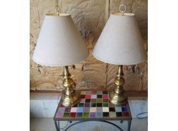 Pair Of Mid Century Brass Table Lamps W/suede Like Shades
