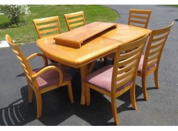 Golden Oak Finish Herringbone Top Dining Room Table With 1 Leaf & 6 Chairs - 2 Captain, 4 Side Chairs