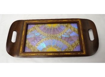 Gorgeous Brazilian Iridescent Inlaid Butterfly Wings Vanity Tray W/inlaid Marquetry Type Border.