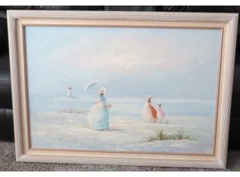 Large Oil On Canvas Victorian Era Women Walking The Beach W/lighthouse In Background