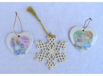 Lenox Snow Fantasies Ornament &  2 Precious Moments Heart Shaped Ornaments
